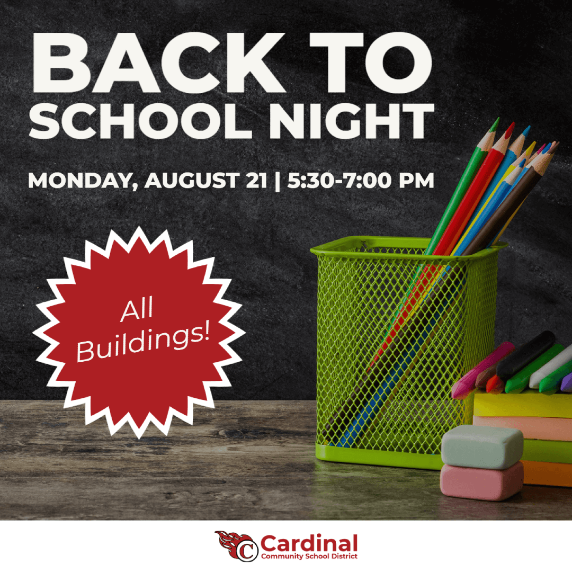 Back to School Night: school supplies in front of blackboard.