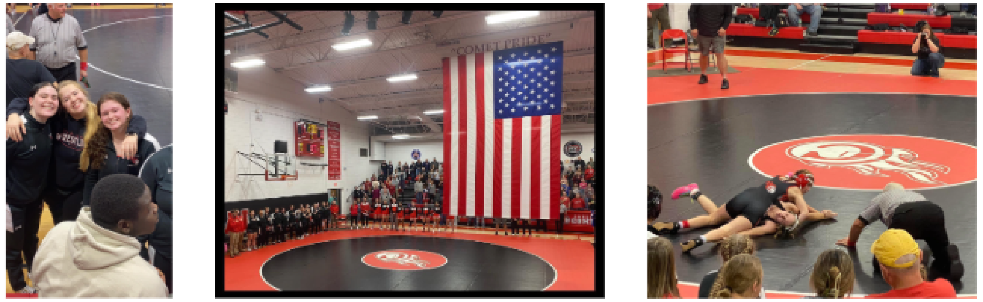 An image of three female wrestlers posing for the camera. An image of the girls wrestling team lined in the gym with a large flag hanging from the ceiling. An image of two female wrestlers competing with each other. 