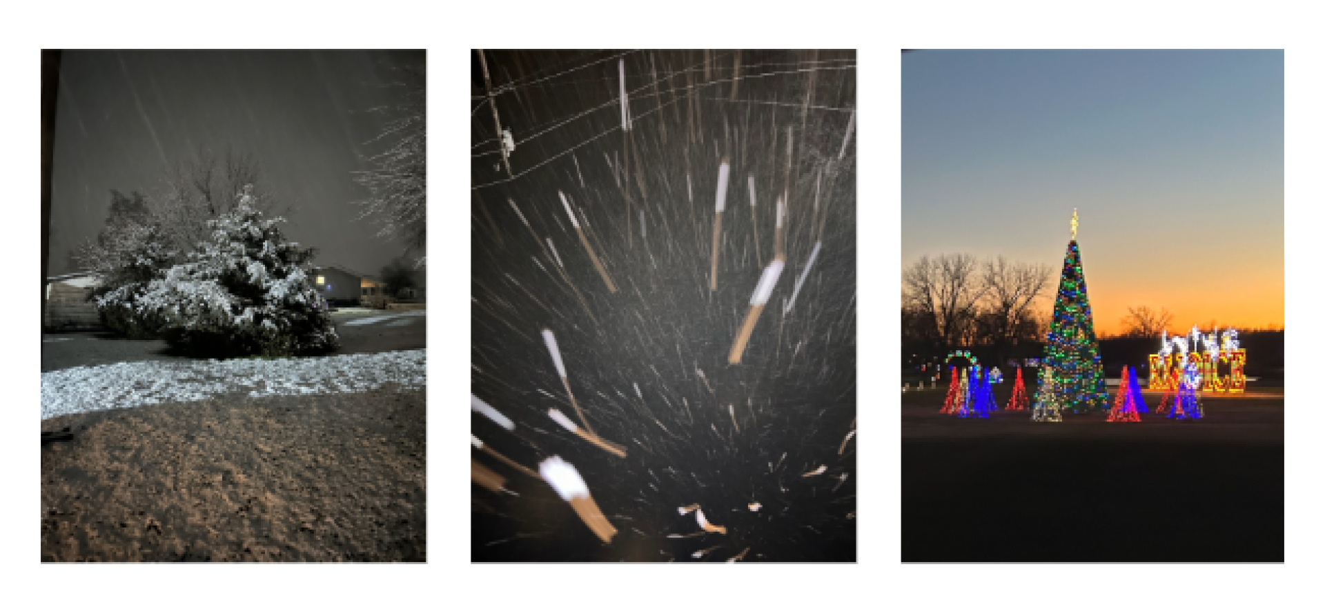 An image of snowy pine trees at night, an image of snow quickly falling at night, and an image of outdoor lit Christmas trees