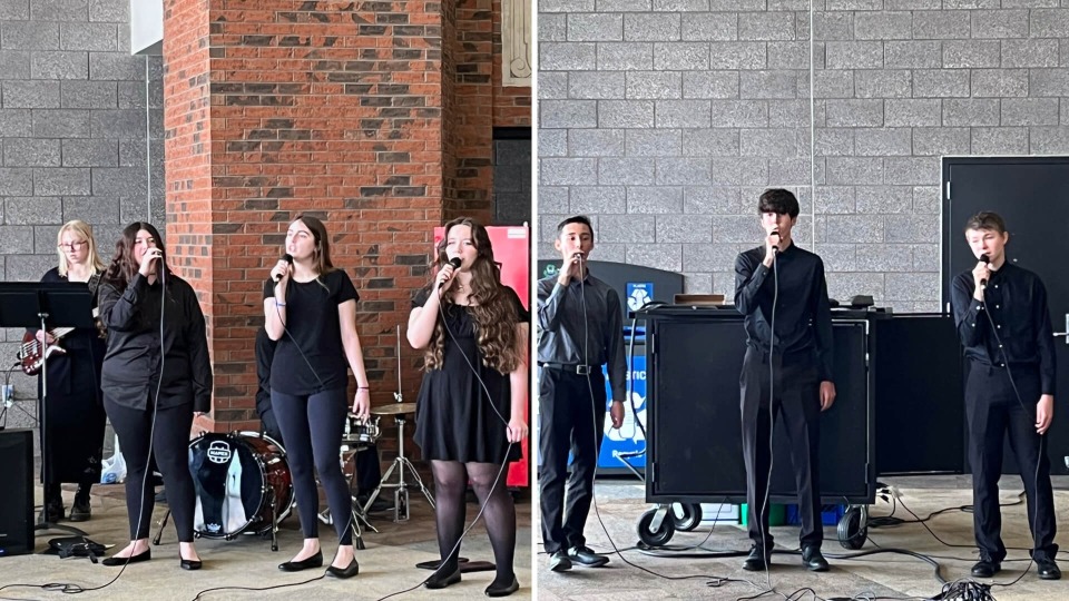 Cardinal CSD Jazz Choir students singing at the Bridgeview Center in Ottumwa, Iowa.