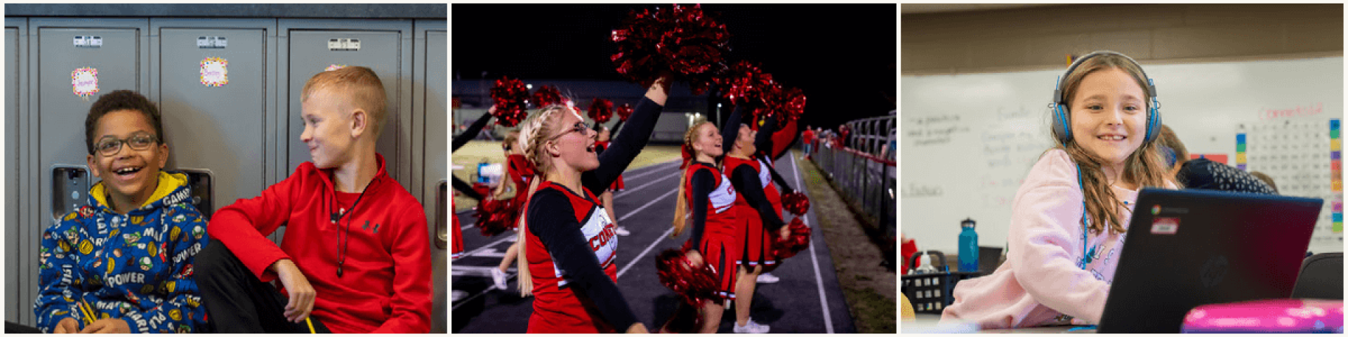 Two Cardinal Community School District students laughing by lockers, a group of cheerleaders performing at a game, and a young student smiling while working on a laptop.