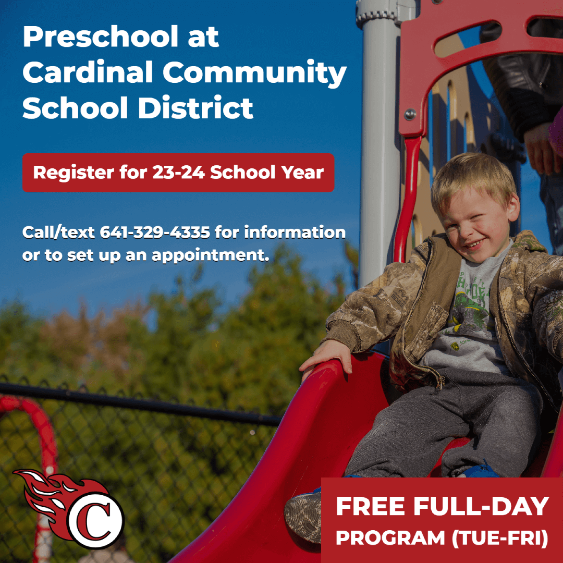 Register for Cardinal Preschool: Student smiling on slide