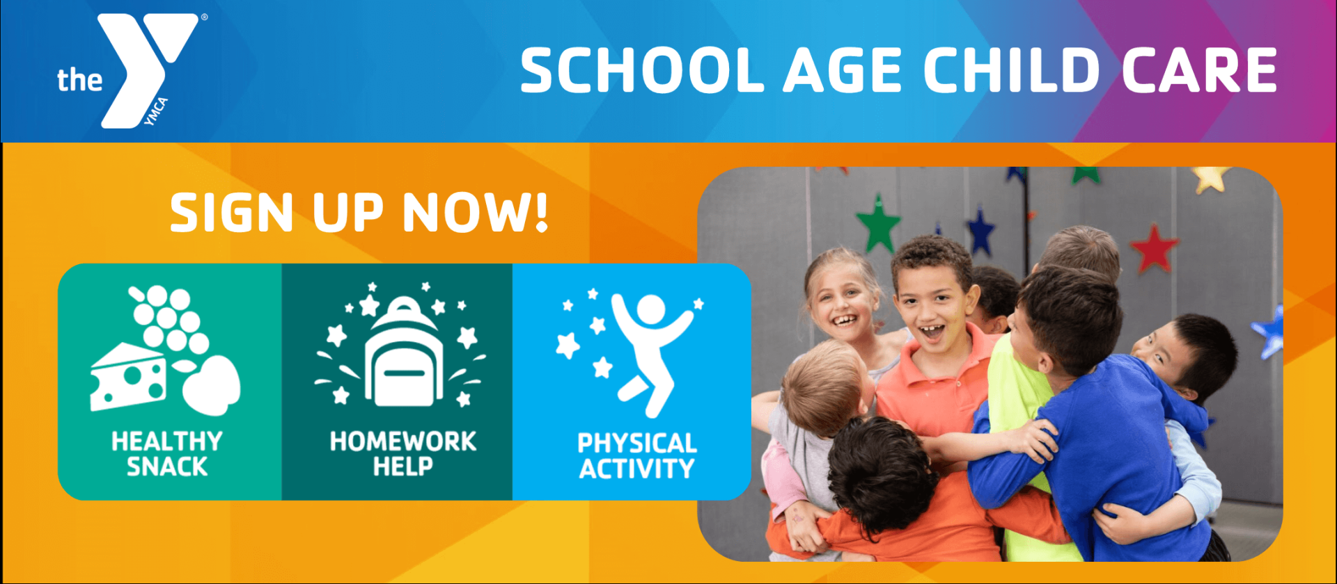School Age Child Care from the Y. Sign up now! Healthy snack, homework help, and physical activity.